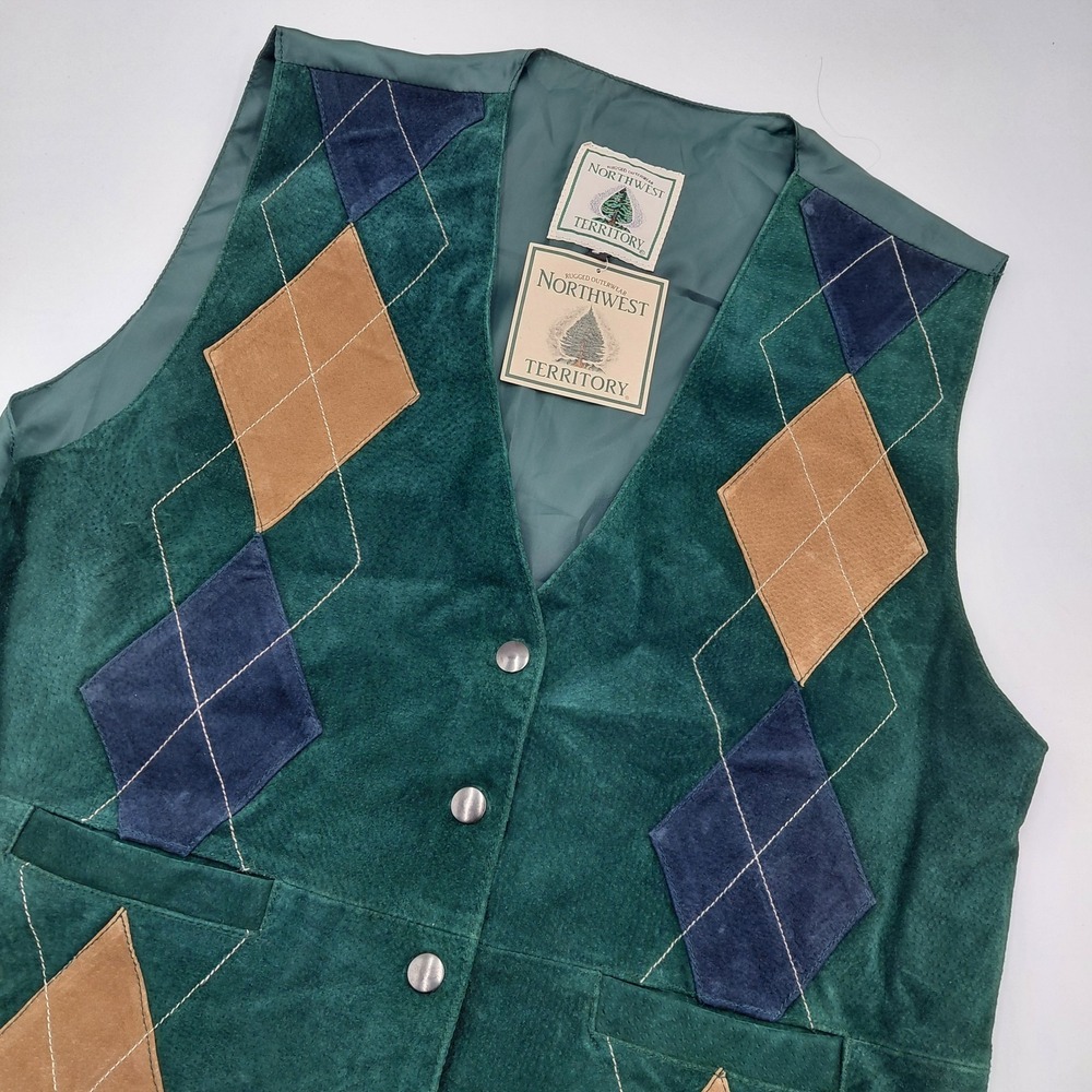 Vtg Northwest Territory Ladies L Suede Vest Argyle Equestrian Leather Golf Horse